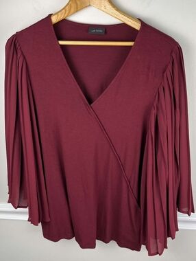 J. Jill Wearever Pleated Bell Sleeve Faux Wrap Top - Bordeaux Burgundy. LG. #290
